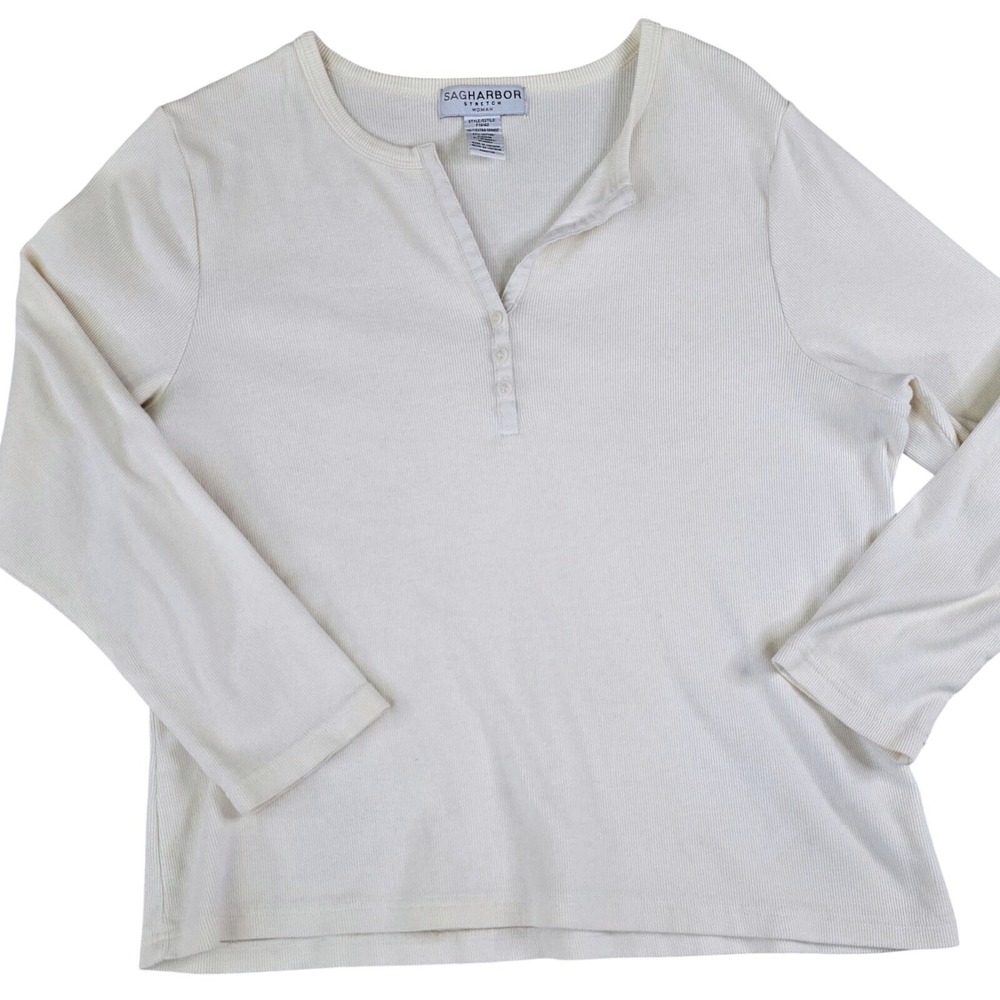 Sag Harbor Womens Size 1X XL‎ Cream Ribbed Henley Long Sleeve Top